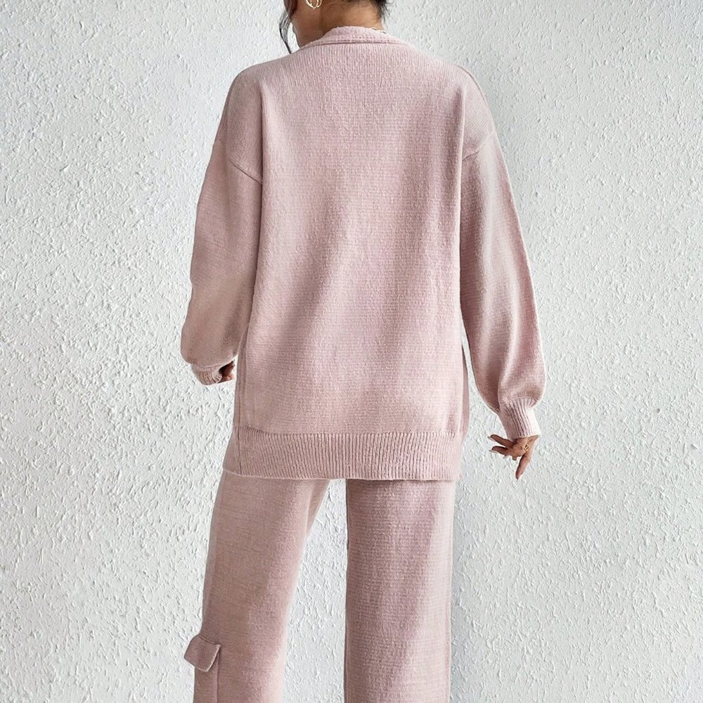 Pink Casual Womens Drop Shoulder Cardigan & Tie Front Knit Pants - Picture 2 of 6